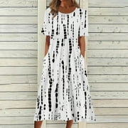 Pntutb Clearance Womens Casual Round Neck Print Summer Short Sleeve Pockets Dress