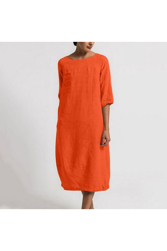 Pntutb Womens Dresses Fashion Round Neck Loose Short Sleeve Solid Mid-Calf Dress Long Dress Orange XL