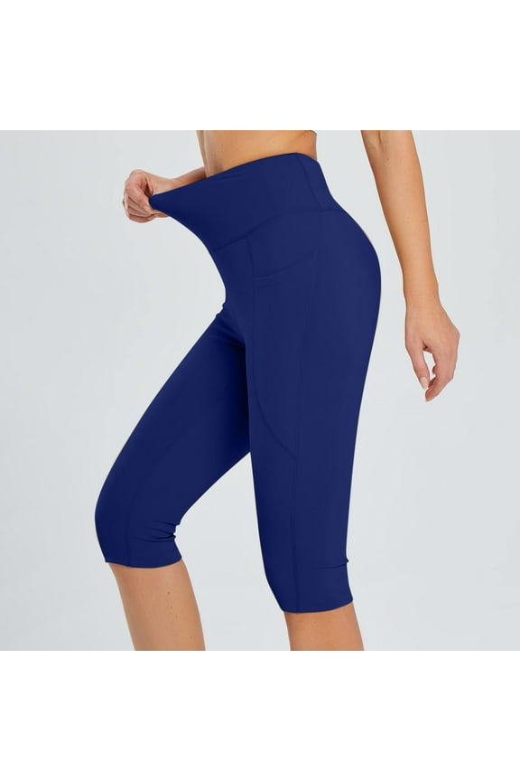 Pntutb Womens Knee Length Leggings High Waisted Yoga Workout Exercise Capris for Summer with Pockets Blue M