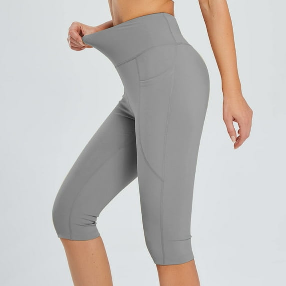 Pntutb Womens Knee Length Leggings High Waisted Yoga Workout Exercise Capris for Summer with Pockets Gray S