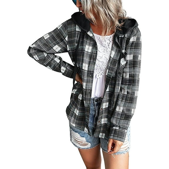 Pntutb Womens Long Sleeve Plaid Hooded Drawstring Single Breasted Cardigan Tops
