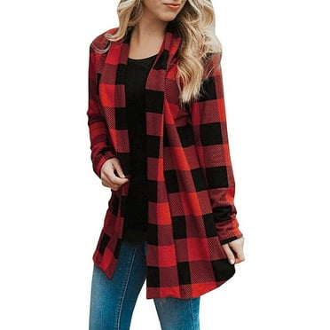 Pntutb Womens Plaid Print Coat Long Sleeve Cardigan Outerwear Tops