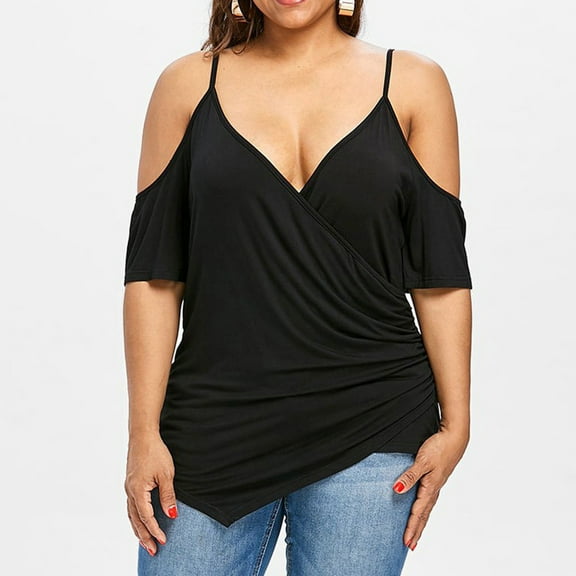Pntutb Womens Plus Size Cutout Asymmetric Cold Shoulder T-Shirt V-Neck Tops