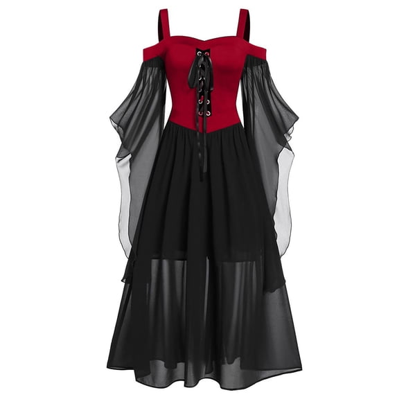 Pntutb Womens Plus Size Dresses Solid Patchwork Cold Shoulder Butterfly Sleeve Lace Up Halloween Dress Red XXL