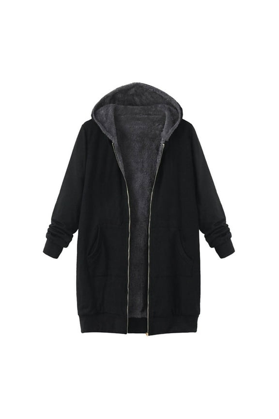 Pntutb Womens Plus Size Fashion Vintage Solid Fleece Hooded Zipper Long Sleeve Thick Coat Tops