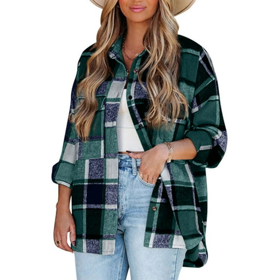Pntutb Womens Single-Breasted Plaid Shirt Long-Sleeve Shirt Woolen Coat Oversized Jacket Green M
