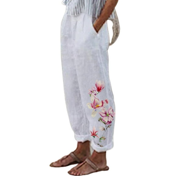 Pntutb Womens Summer Casual Loose Cotton And Linen Pocket Print Trousers Pants