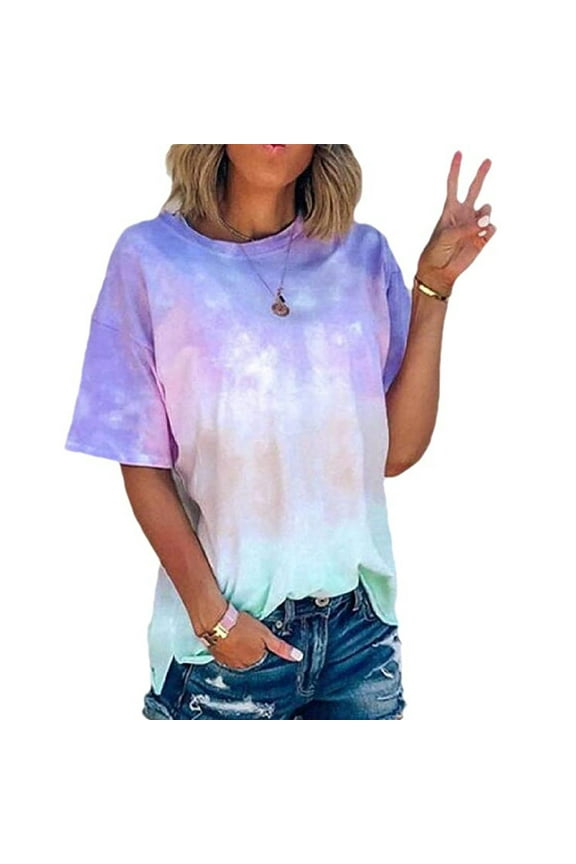 Pntutb Womens Summer Tie-Dye Short Sleeve Crew-Neck T-Shirt Casual Tee Tops
