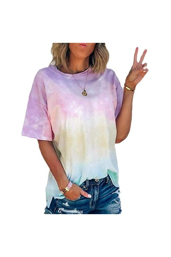 Pntutb Womens Summer Tie-Dye Short Sleeve Crew-Neck T-Shirt Casual Tee Tops