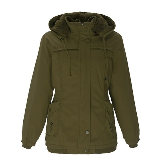 Pntutb Coats for Women,Womens Cotton-Padded Fleece Mid-Length Detachable Hood Collar Warm Fleece Coat
