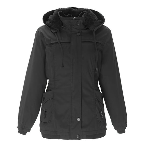 Pntutb Coats for Women,Womens Cotton-Padded Fleece Mid-Length Detachable Hood Collar Warm Fleece Coat