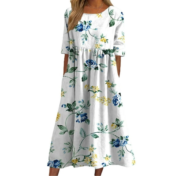 Pntutb Dress for Women Casual Round Neck Print Summer Short Sleeve Dresses Pockets
