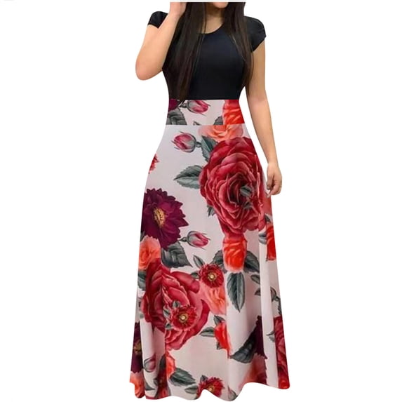 Pntutb Dresses for Women Clearance Short Sleeve Floral Boho Print Long Dress Ladies Dress
