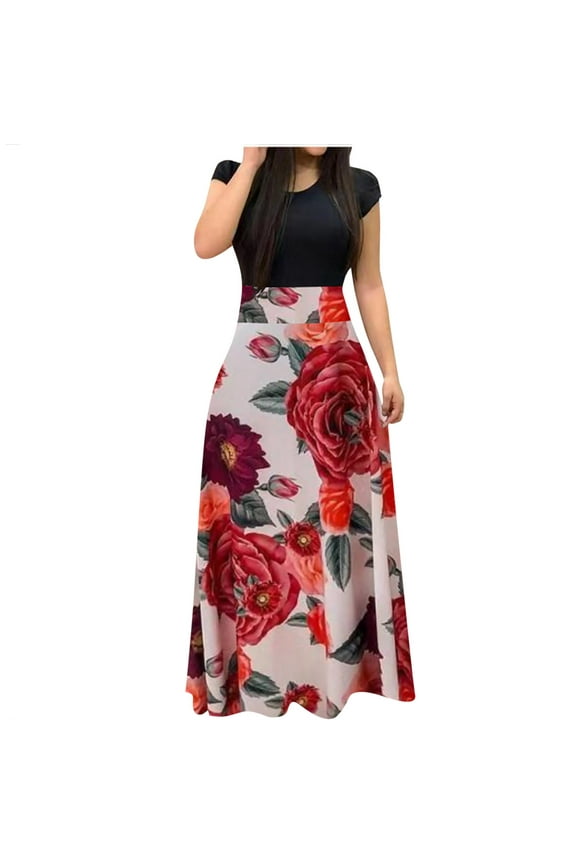 Pntutb Dresses for Women Short Sleeve Floral Boho Print Long Dress Ladies Dress