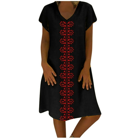 Pntutb Dresses for Women Summer Style V-Neck Print Dress Short Sleeve Ladies Dress