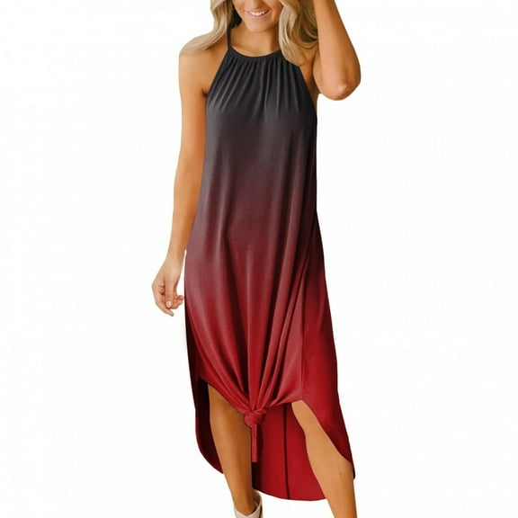 Pntutb Dresses for Women Maxi Summer Cross Rounk Neck Sleeveless Beach Long Dress