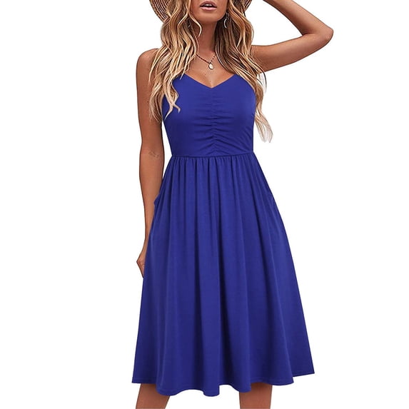 Pntutb Dresses for Women Clearance Summer Seaside Sling Sleeveless V-Neck Solid Color Casual Dress
