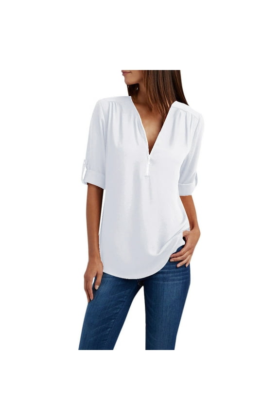 Pntutb Flash Picks! Womens Ladies Zipper Button Long Sleeve Loose Chiffon Shirts Clothing