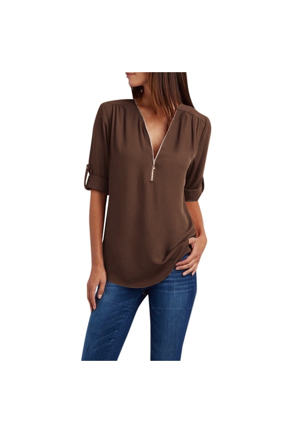 Summer Womens Zipper Button Long Sleeve Loose Chiffon Shirts Clothing