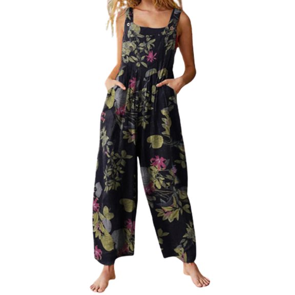 Pntutb Jumpsuits Clearance,Womens Fashion Landscape Floral Print Pocket Button Camisole Jumpsuit