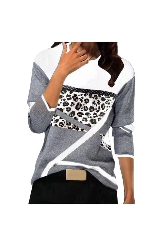 Pntutb Ladies Clothes,Womens Tops Print Round Neck Patchwork Pullover Blouses T-Shirt