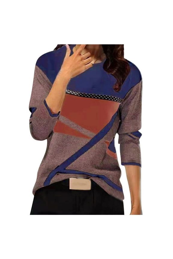 Pntutb Ladies Clothes,Womens Tops Print Round Neck Patchwork Pullover Blouses T-Shirt
