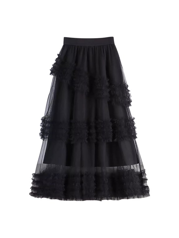 Pntutb Ladies Skirts Womens Solid Color Cake Mesh Mid-Length Large Swing A-Line Half-Body Skirt
