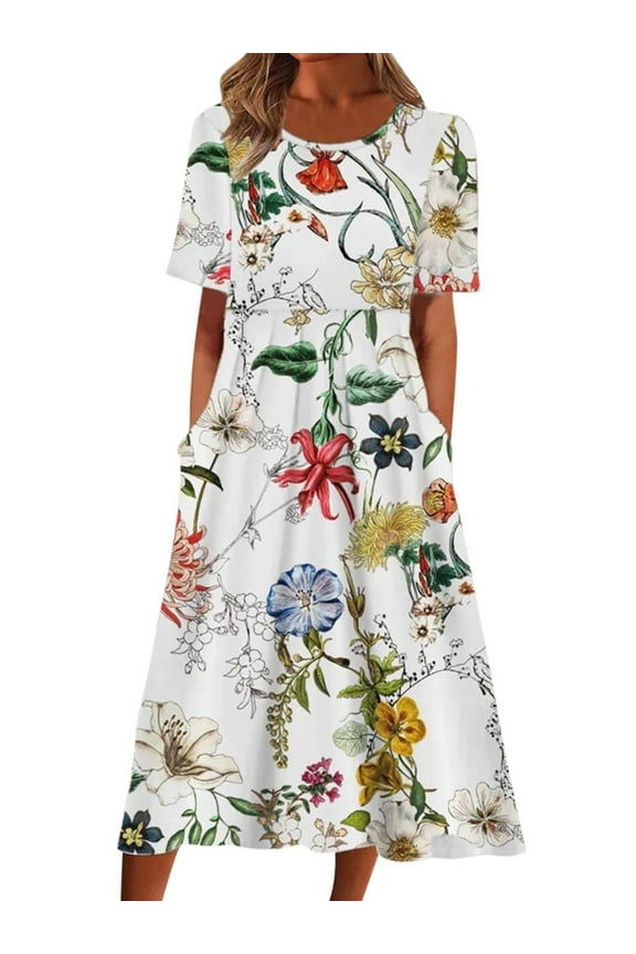 Plus Size Dress for Women Casual Round Neck Print Summer Short Sleeve Dresses Pockets