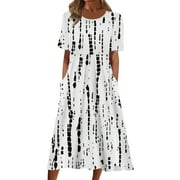 UNBRANDED Pntutb Plus Size Dress for Women Casual Round Neck Print Summer Short Sleeve Dresses Pockets