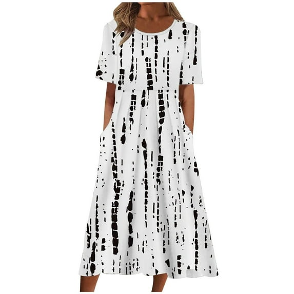 Pntutb Plus Size Dresses for Women Summer Casual Round Neck Print Short Sleeve Dress with Pockets