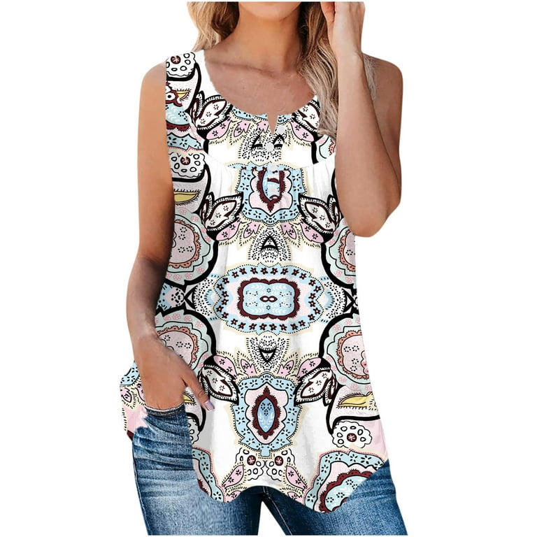 Pntutb Rollback and Clearance Clothes,Summer Womens Fashion O-Neck Button  Sleeveless Solid Color Print Tops