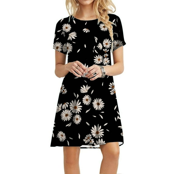 Pntutb Clothes,Womens Plain Loose Short Sleeve Loose Dress Floral Print Sunflower Print Dress