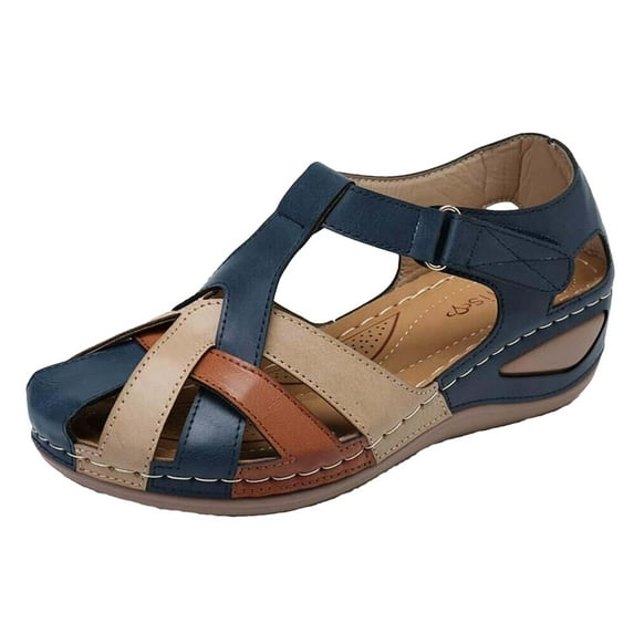 Pntutb Shoes Summer Plus Size Orthopedic Sandals Retro Round Toe Color Matching Womens Wedge Sandals