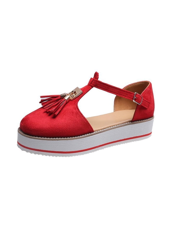 Shoes Womens Tassel Round Toe Flat Pumps Thick Bottom Buckle Strap Casual Beach Shoes