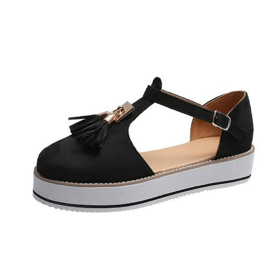 Pntutb Shoes Womens Tassel Round Toe Flat Pumps Thick Bottom Buckle Strap Casual Beach Shoes