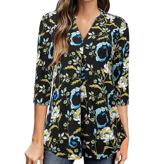 Pntutb Summer Womens Half Sleeve Print Button Tops Blouse V-Neck Shirt Pullover Blue XXL