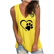Pntutb Tops Womens Casual Loose Solid Love Print V-Neck Sleeveless Tank