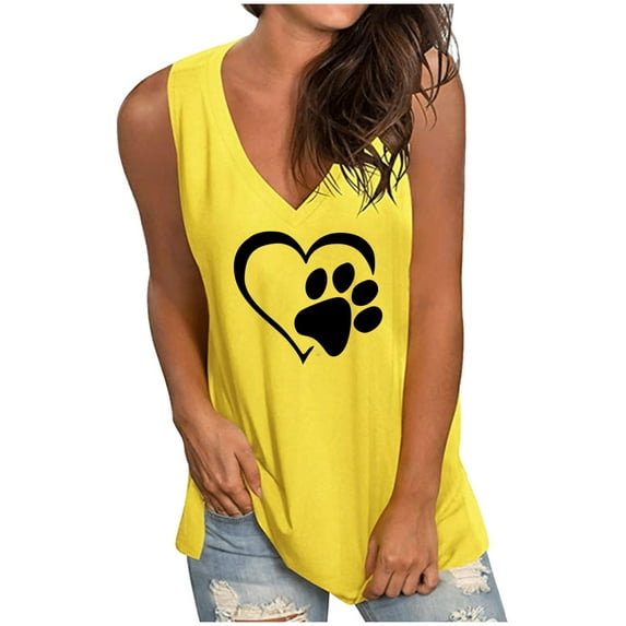 Pntutb Tops Womens Casual Loose Solid Love Print V-Neck Sleeveless Tank