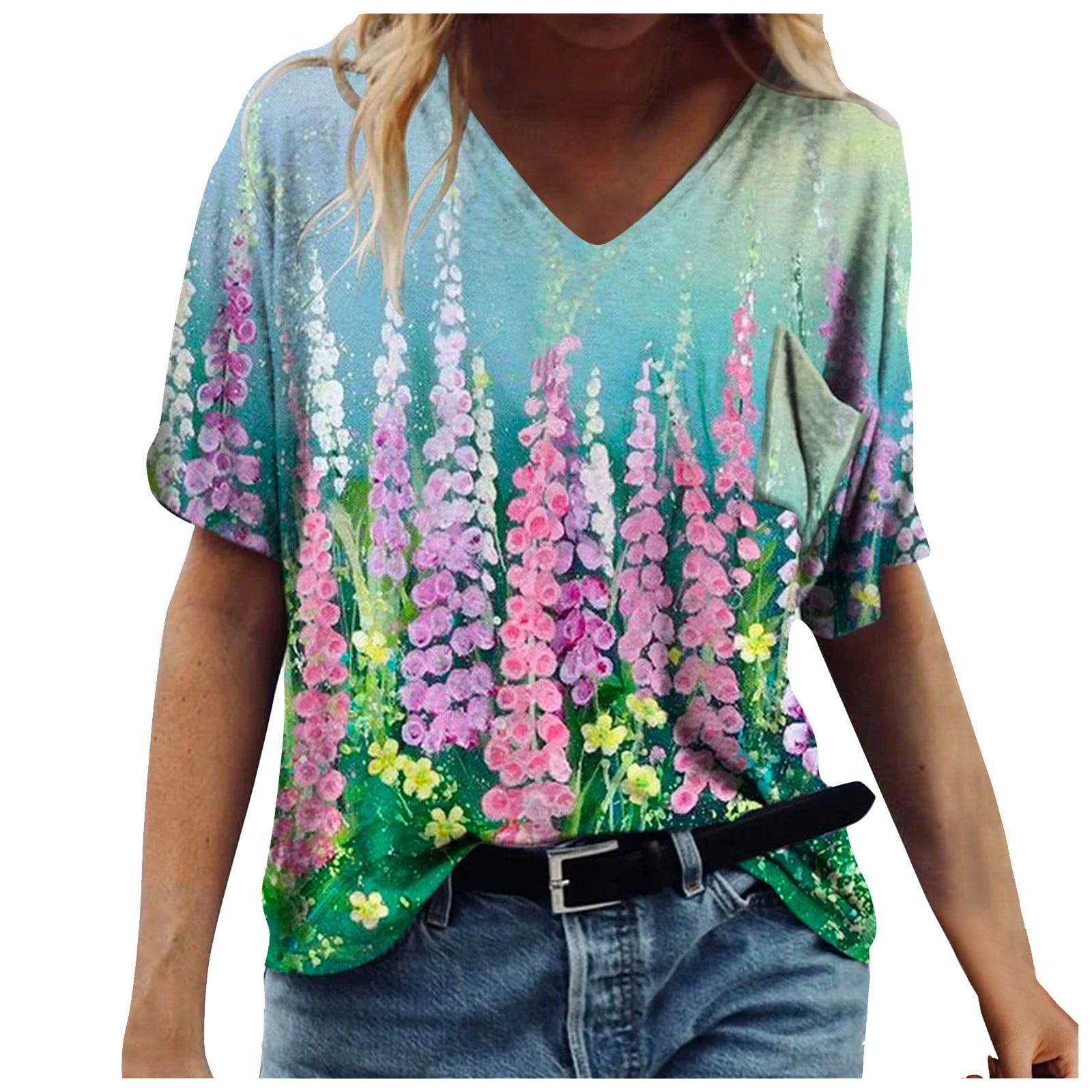 Pntutb Tops Womens Clearance Summer Print Short Sleeve V-Neck T-Shirt ...