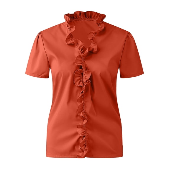 Pntutb Tops Womens Summer Ruffle V-Neck Short Sleeve Solid Color Casual T-Shirt