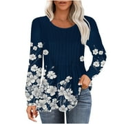 Pntutb Winter Tops for Women Casual Fashion Loose Pleated Round Neck Printed Long Sleeve Blouses for Ladies