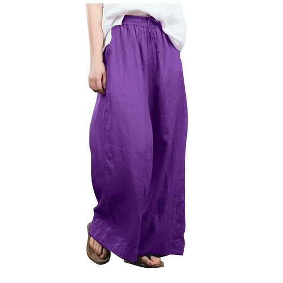 Pntutb Women Loose Solid Color Casual Wide Leg Pants Cotton Linen Trousers