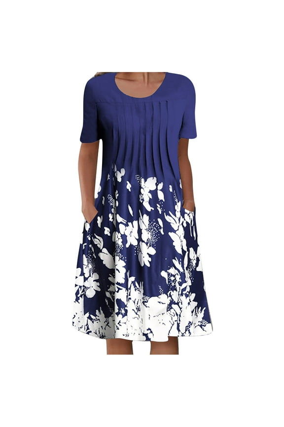 Women Summer Dress 95% Polyester 5% Spandex O-Neck Short Sleeve Floral Dresses