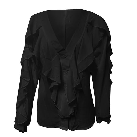 Pntutb Women's Casual Solid Long Sleeve Ruffle V-Neck Shirt Blouse Tops Clothes