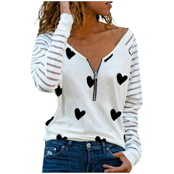 Pntutb Women's Casual Stripe Printing Long Sleeve Splicing Zipper Blouse T-Shirt Tops Clothes