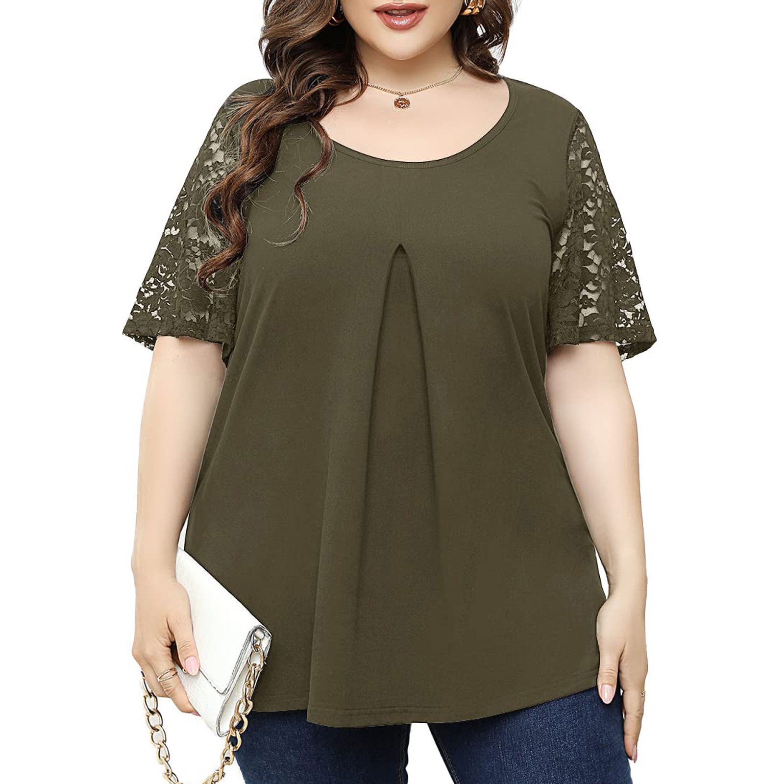 Pntutb Women's Clearance,Women's Causal Round Neck Solid Blouse Lace Short Sleevet-Shirt Summer Plus Size Tops Rollback Clothes