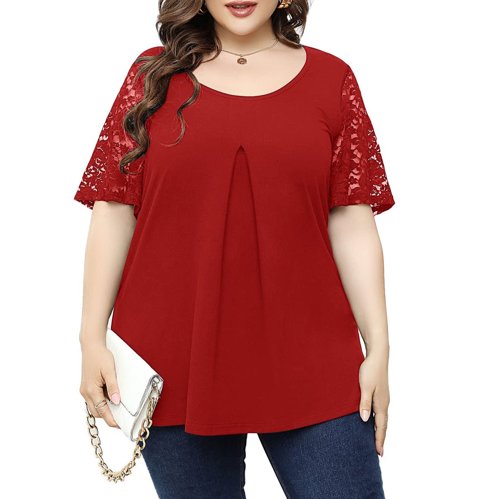 Pntutb Women's Clearance,Women's Causal Round Neck Solid Blouse Lace Short Sleevet-Shirt Summer Plus Size Tops Rollback Clothes
