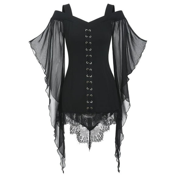 PATLOLLAV Womens Plus Size Gothic Criss Cross Lace Insert Sleeve T-Shirts Tops