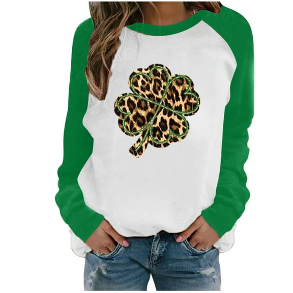 Pntutb Women's Patchwork St. Patrick's Day Print Long Sleeve Round Neck Tee Tops Clothes