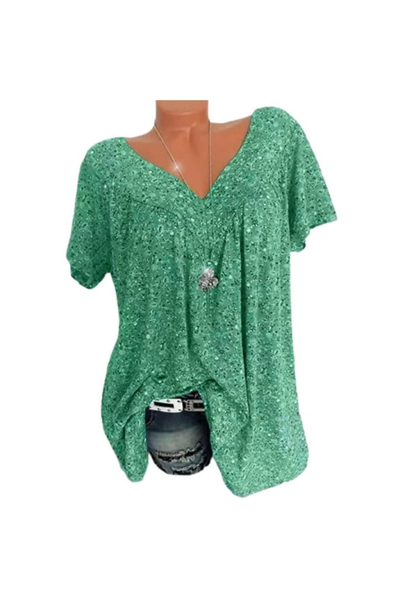 Pntutb Women's Plus Size Short Sleeve V-Neck Print Blouse Pullover Tops Shirt